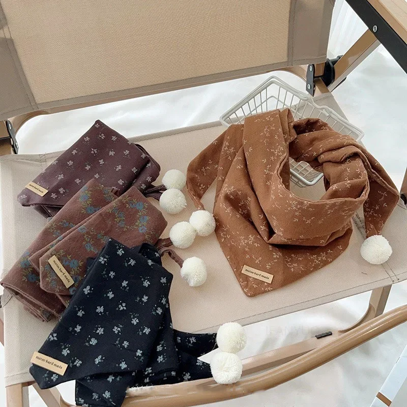 Autumn Winter Korean Children Floral Triangle Scarf Casual Fashion Boys Girls Cotton Neckerchief Warm Cute Baby Hairball Scarves
