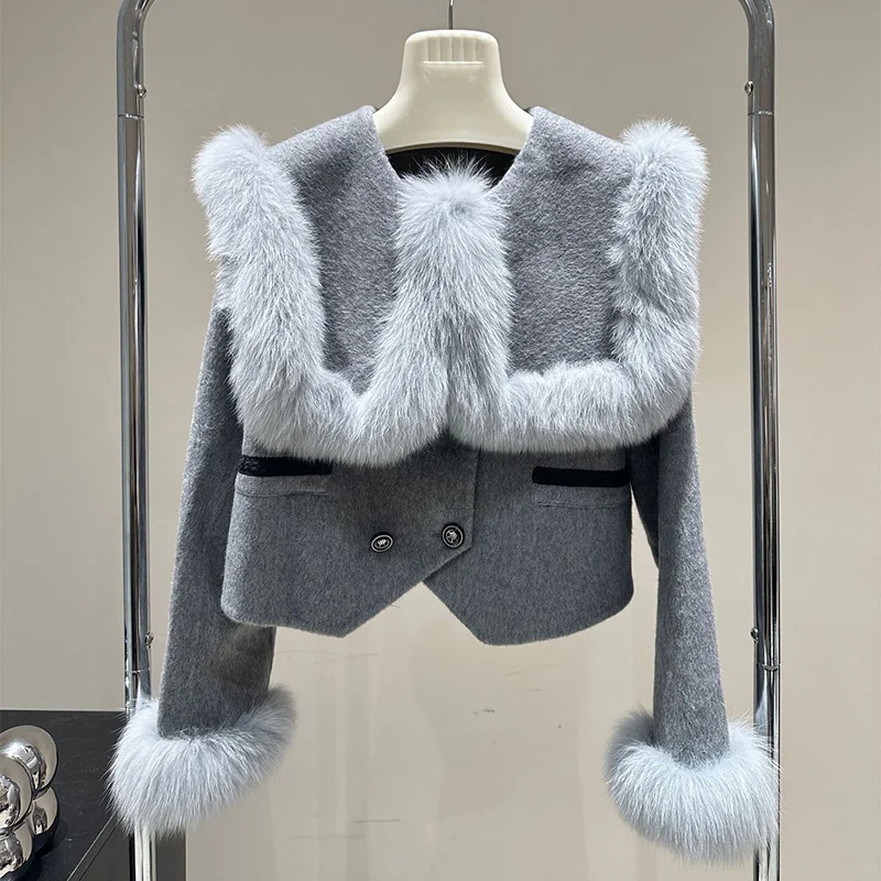 

New Short Double-sided Woolen Coat Women Navy Collar High-waist Natural Fox Fur Wool Coats Warm Tweed Jacket Fit Autumn Winter