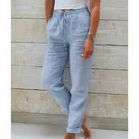 Women Summer Autumn Breathable Cotton Linen Trendy Pants Elastic Waist  Straight Leg Solid Color Female Casual Baggy Trousers - Image 3