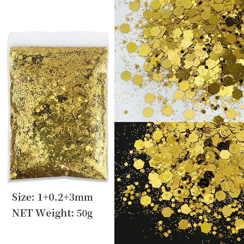 50G Chunky Glitter Nails Accessories Mixed Hexagons Sequins Rose Gold Nail Pigment Powder Nail Art Decorations Manicure Supplies