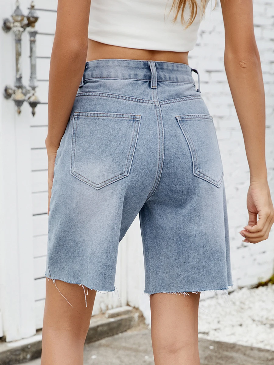 Ladies Distressed Denim Shorts Stylish High Rise Jean Shorts with Frayed Hem and Pockets for Summer Streetwear
