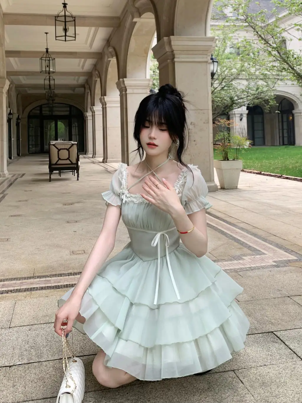 Y2K Princess Birthday Party Dress Lace Patchwork Short Dresses for Women Puff Sleeves Ruffles A-line Cake Vestido Mujer New