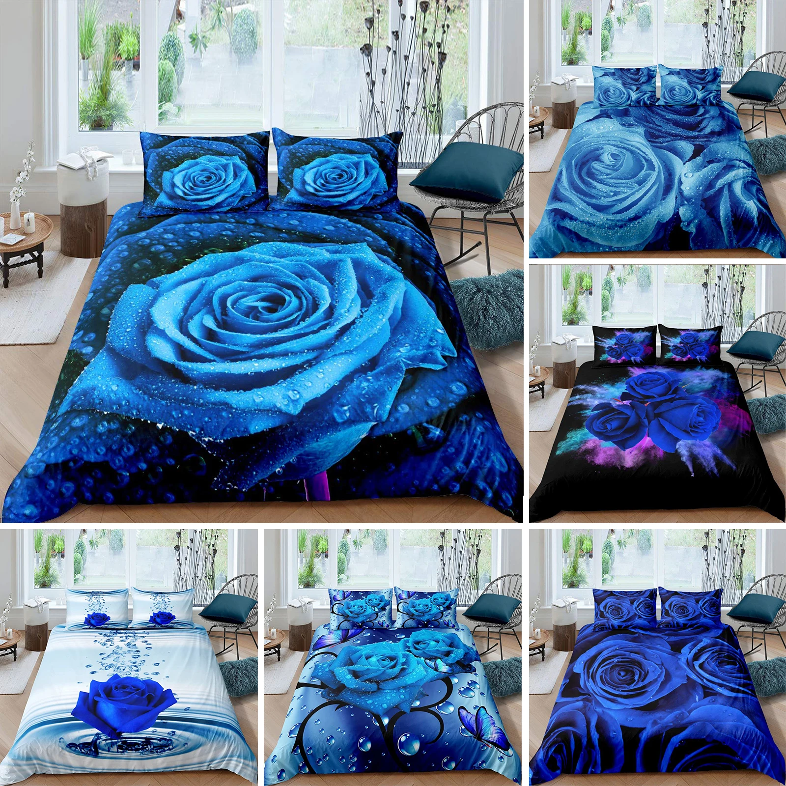 

Blue Rose Floral King Queen Duvet Cover 3D Blossom Flowers Bedding Set Valentine's Day Quilt Cover Botanical Comforter Cover