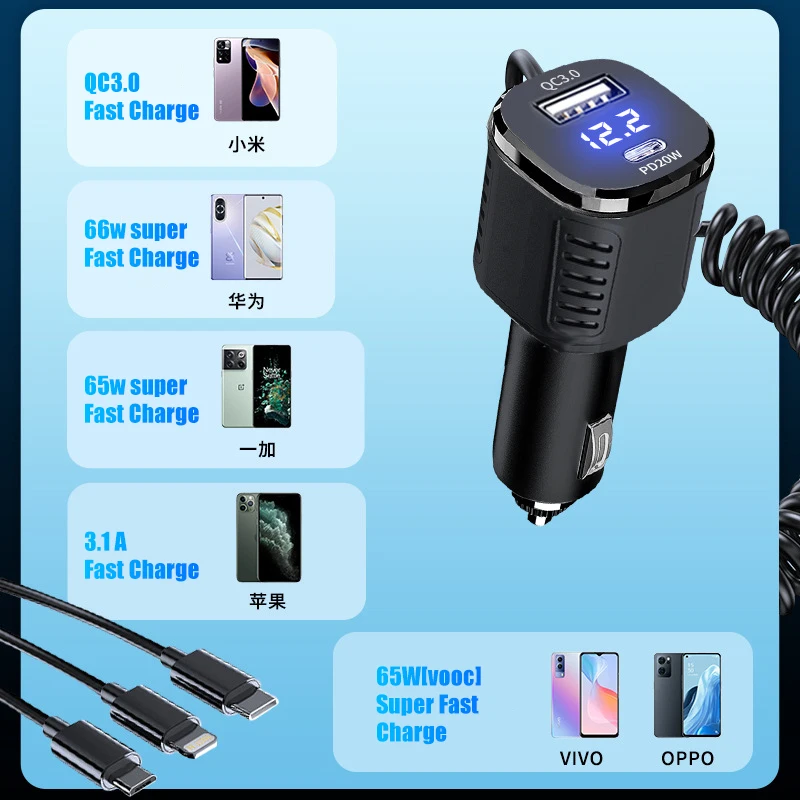3 in 1 126W USB Car Charger for iPhone 13 12 11 14 Pro Max Xiaomi Samsung