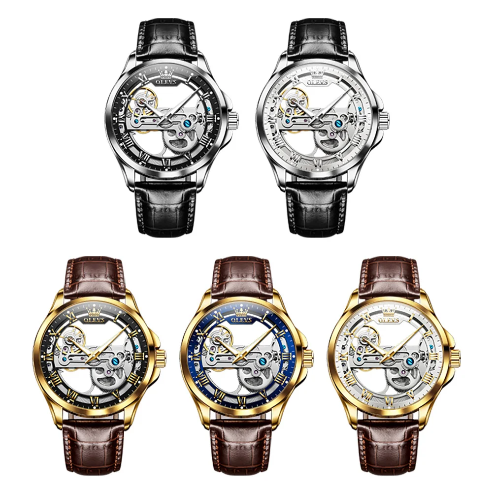 OLEVS Orologio automatico da uomo, oro argento Tone in acciaio inossidabile autoadesivo, orologio da vento di lusso per uomo, con funzione di rotazione automatica, Quadrante blu/cinturino in acciaio