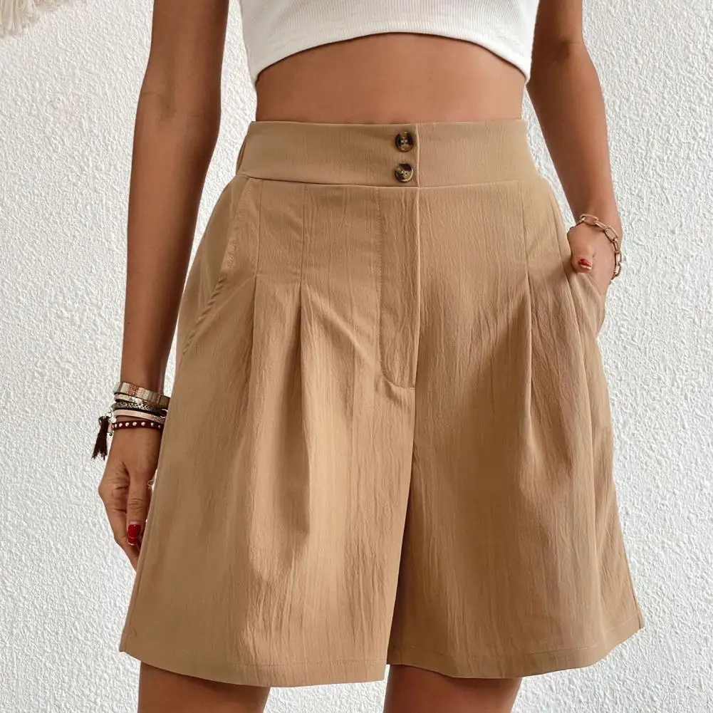 

Women Summer Shorts High Waist Button Wide Leg Casual Solid Color Loose A-line Office Lady Short Pencil Pants Female Clothes