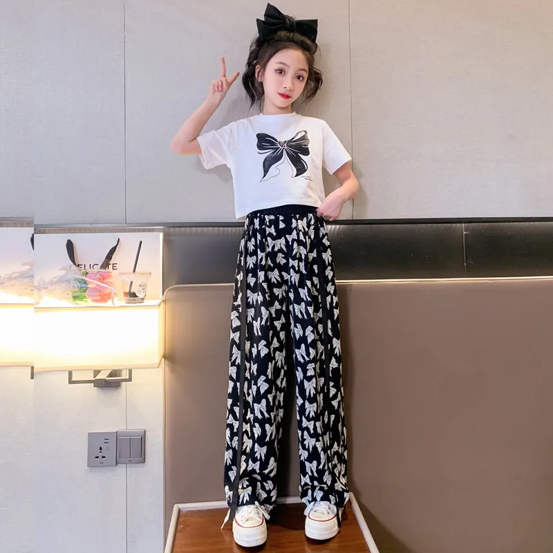 

Girls Thin Clothing Sets 2023 Summer Fashion Butterfly Print T-Shirt+Pants Two Piece for Kids 12 13 14 Years Children's Costumes