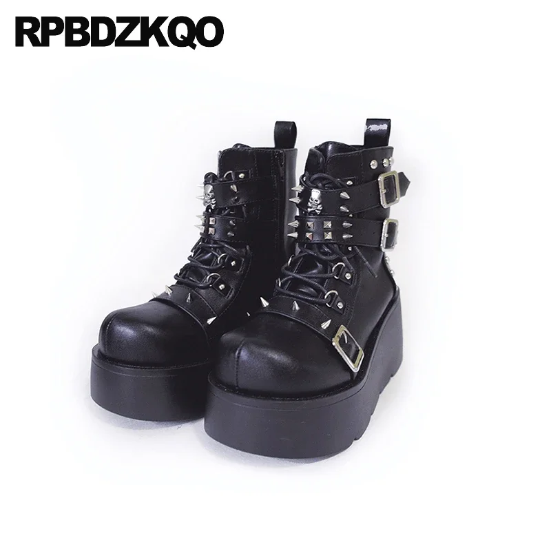 

High Heels Boots Patent Leather Lace Up Belts Pumps Metal Thick Ankle Wedges Studded Spike Sole Rivet Punk Women Rock Shoes Zip