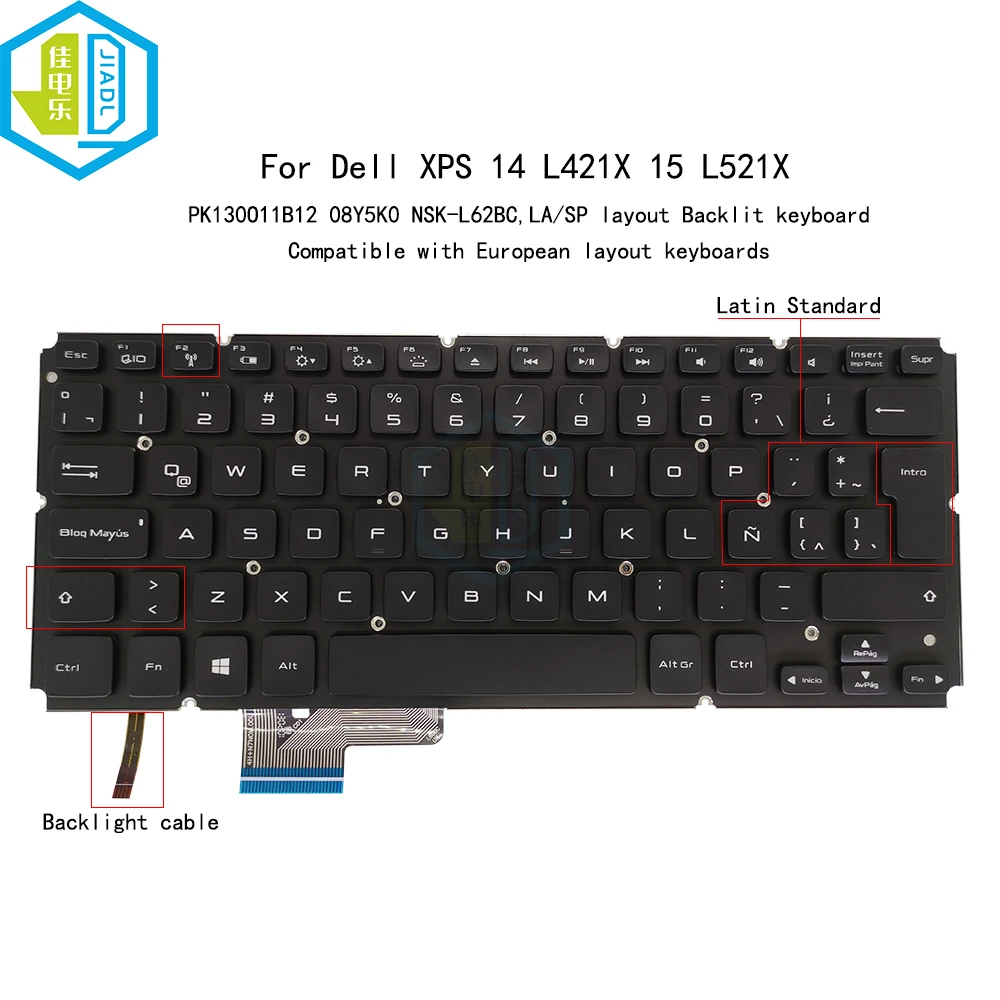 Teclado de Retroiluminação Latino para Laptop Teclado Retroiluminado para Dell Xps 14 L421x 15 L521x la Nsk-l62bc 08y5k0 8y5k0