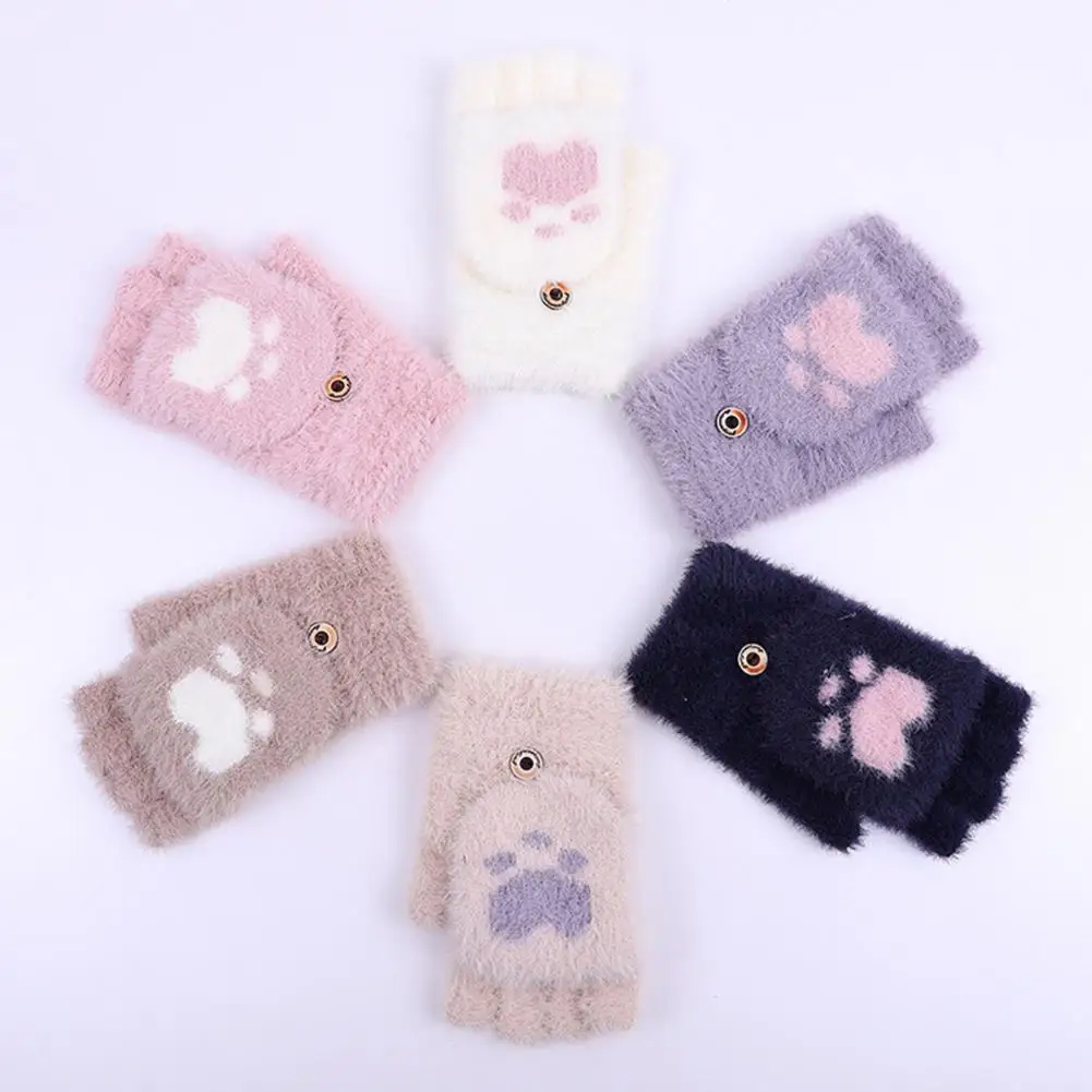 

Heart-warming Gift Gloves Winter Outdoor Cartoon Bear Paw Flap Gloves Soft Knitted Imitation Gloves for Warmth Activities