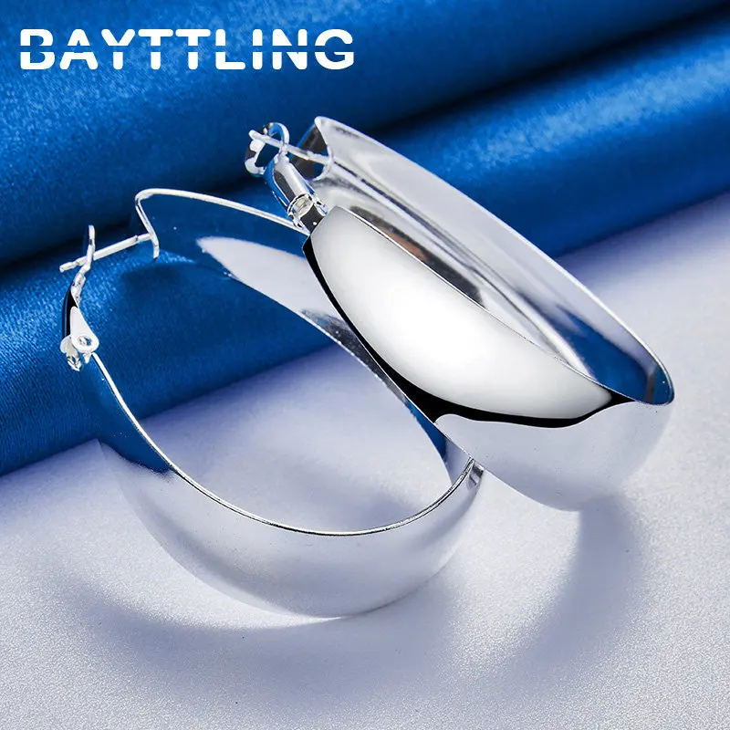 

925 Sterling Silver Women's Earrings 35MM Glossy Geometric Hoop Earrings Hip Hop Girlfriend Gift Fashion Jewelry Accessories