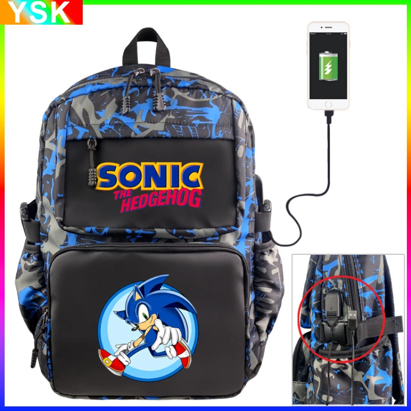 

Sonic Anime Peripheral Printed School Bag Trendy Camouflage Large Capacity USB Data Cable Backpack Waterproof Student Backpack