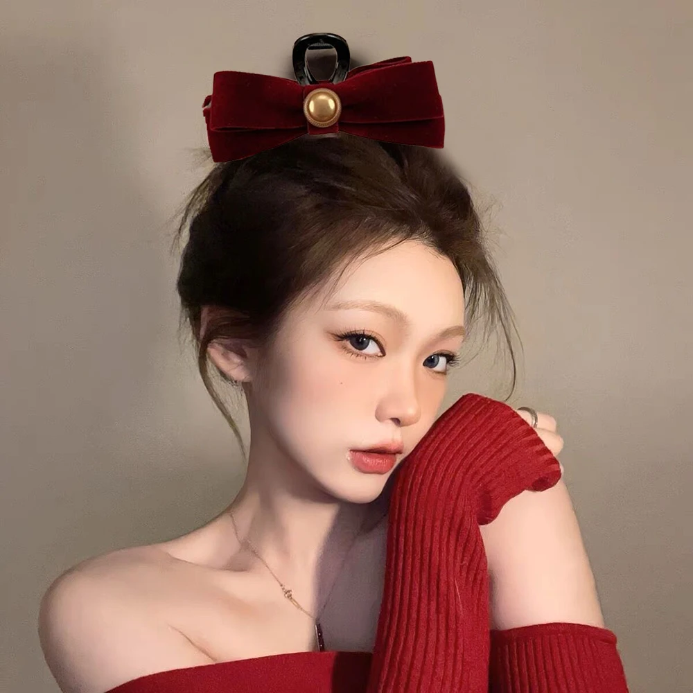 Bow Velvet Hair Claw Fashion Red Black Festival Hairpin Hair Crab For Women Gift Hair Accessories Retro Hair Crab Clip Headwea