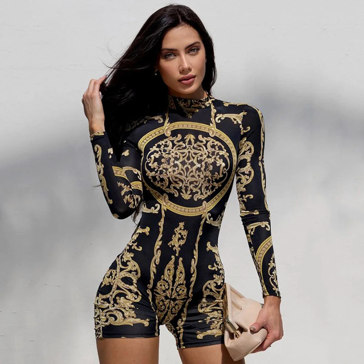 Oshoplive 2023 New Spring Summer Fashion Female Gold Print Long Sleeves Playsuits Sexy Casual Fitness Short Jumpsuit For Women