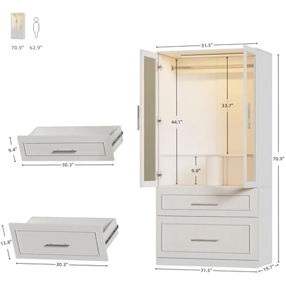 Armoire Wardrobe Closet Door and Drawers, Bedroom Closet Wardrobe Cabinet with Hanging Rod, Lighted Freestanding Armoire 2