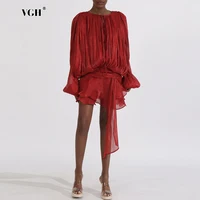 VGH Loos Spliced Lace Up Hollow Out Dresses For Women Round Neck Lantern Sleeve High Waist Minimalist Ruffles Short Dress Female 1
