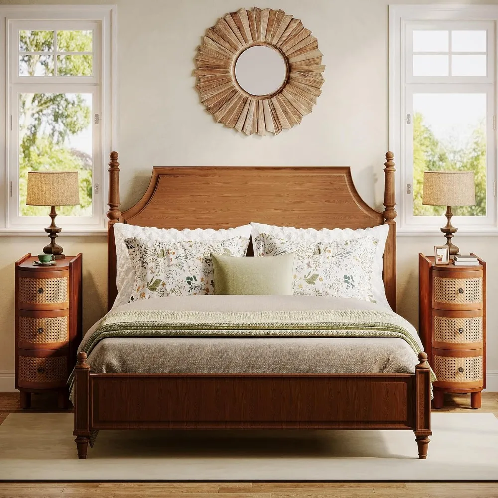 3-Drawer Rattan End Table, Solid Wood Sofa Side Table with Vintage Embossed Handles, Nightstand 5