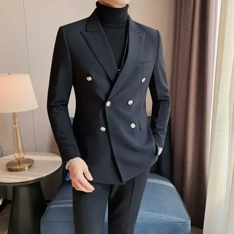 Double-breasted Casual Suit Jacket For Men Spring Autumn British Business Slimming Silhouette