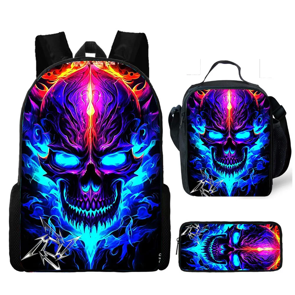 Hot selling skull backpack three piece set printed primary and secondary school backpack meal bag pencil case 1