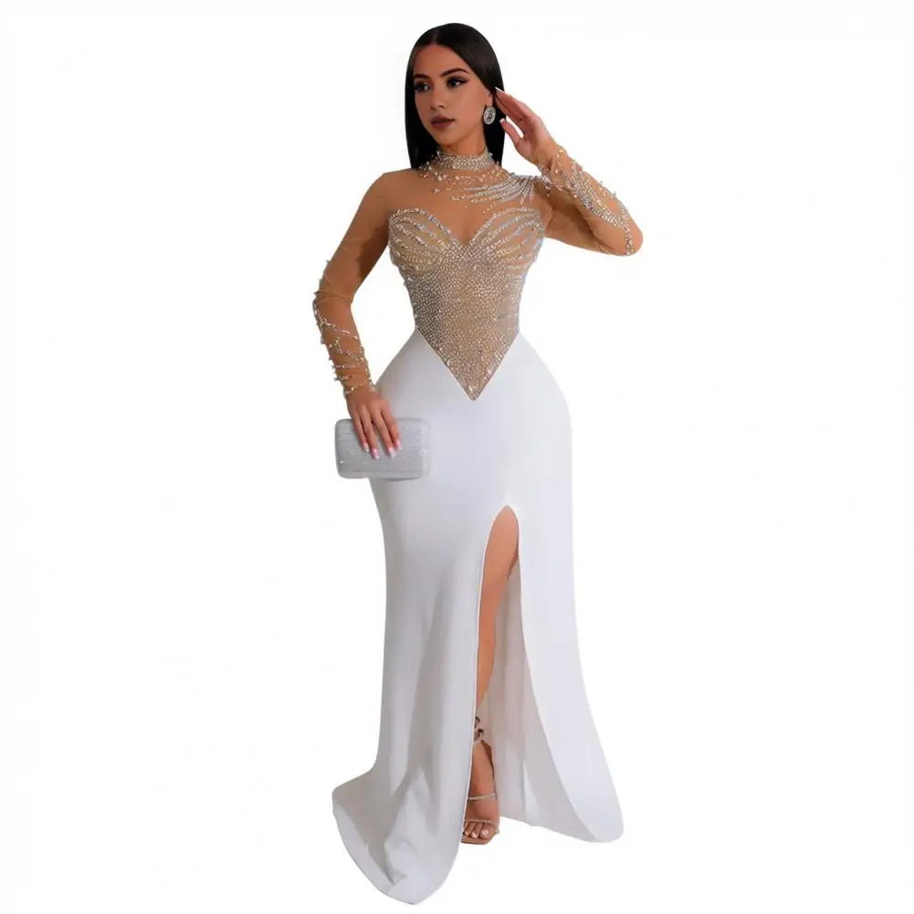 

Women Dress Half-high Collar Long Sleeve Side Split Long Dress Mesh Rhinestones Splicing Side Split Dress