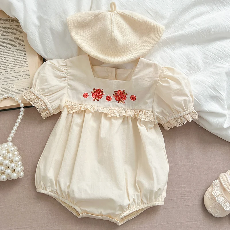 

2024 New Summer Toddler Baby Girls Jumpsuit Short Sleeved Cotton Embroidery Infant Baby Girl Bodysuits 0-24M Baby Girls Clothes