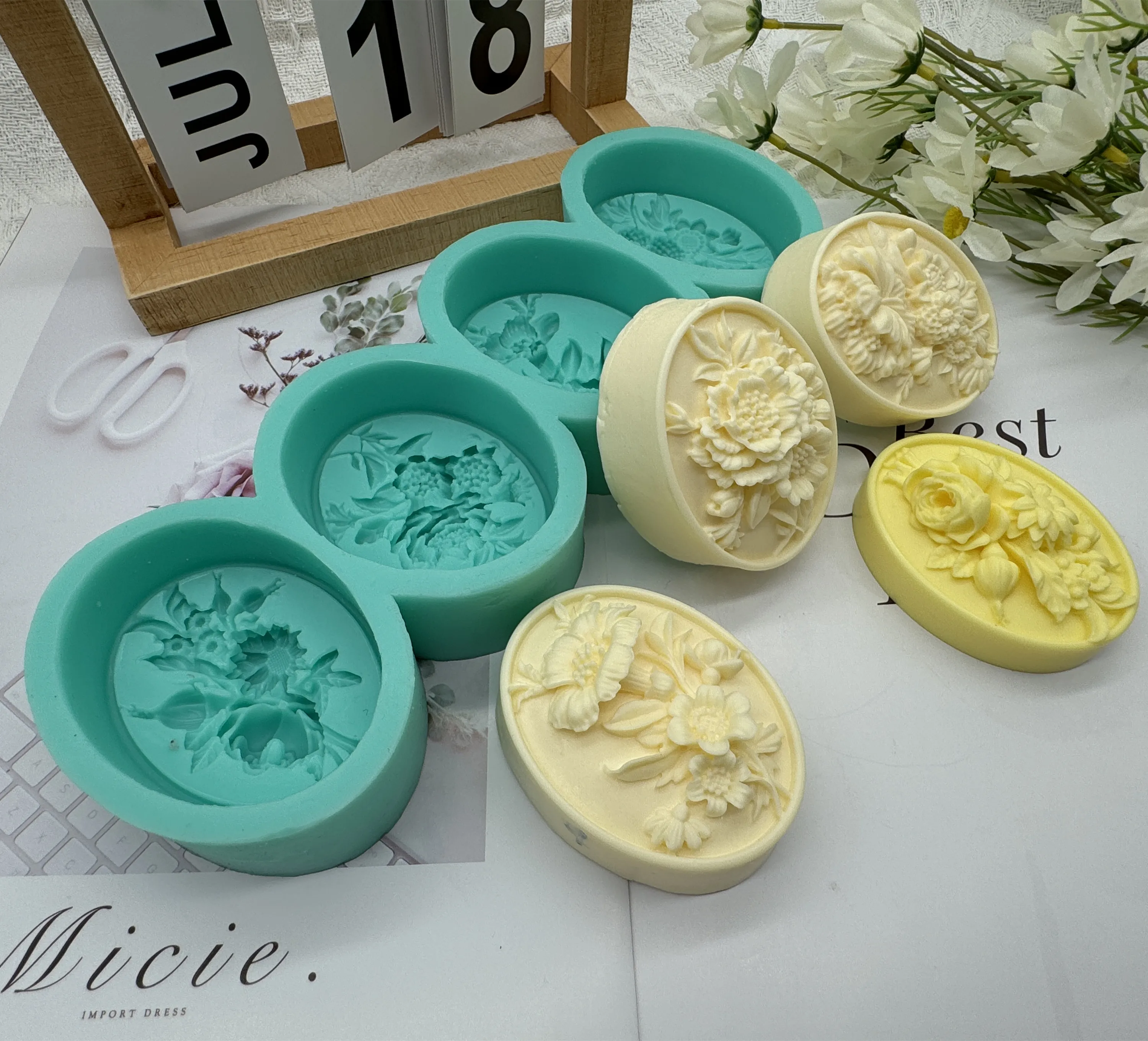 Description Picture 3 of itemOval Flower 3D Soap Mold Natural Bar Soap Molds Scented Candle Wax Silicone Mold Aromatherapy Plaster Resin Crafts Mold