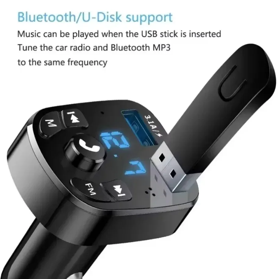 New Car Bluetooth 5.0 Cigarette Lighter Adapter FM 3.1A Dual USB Fast Charging Charge Hands Free MP3 Player with Digital Display