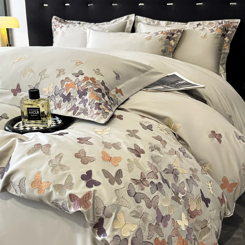 100% Cotton Luxury Butterfly Embroidery Bedding Set Queen King Size Duvet Cover Set Bed Sheet Fitted Sheet Pillowcases 4Pcs 4