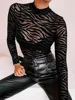 Black Mesh Transparent Bodysuit - Sexy Long Sleeve Mock Neck & Skinny Fit