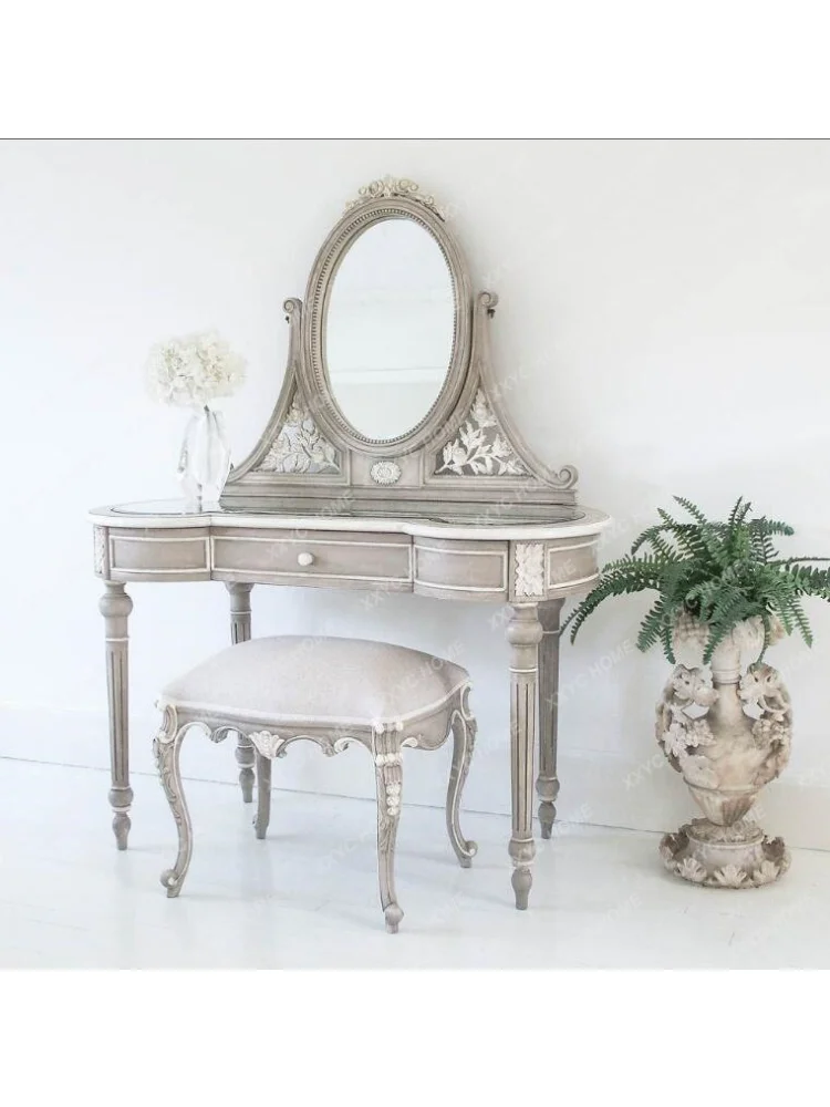 

Solid Wood Vintage Carved Bedroom Girls' Dressing Table Dressing Table French Simple Distressed Bedside Table New Classical