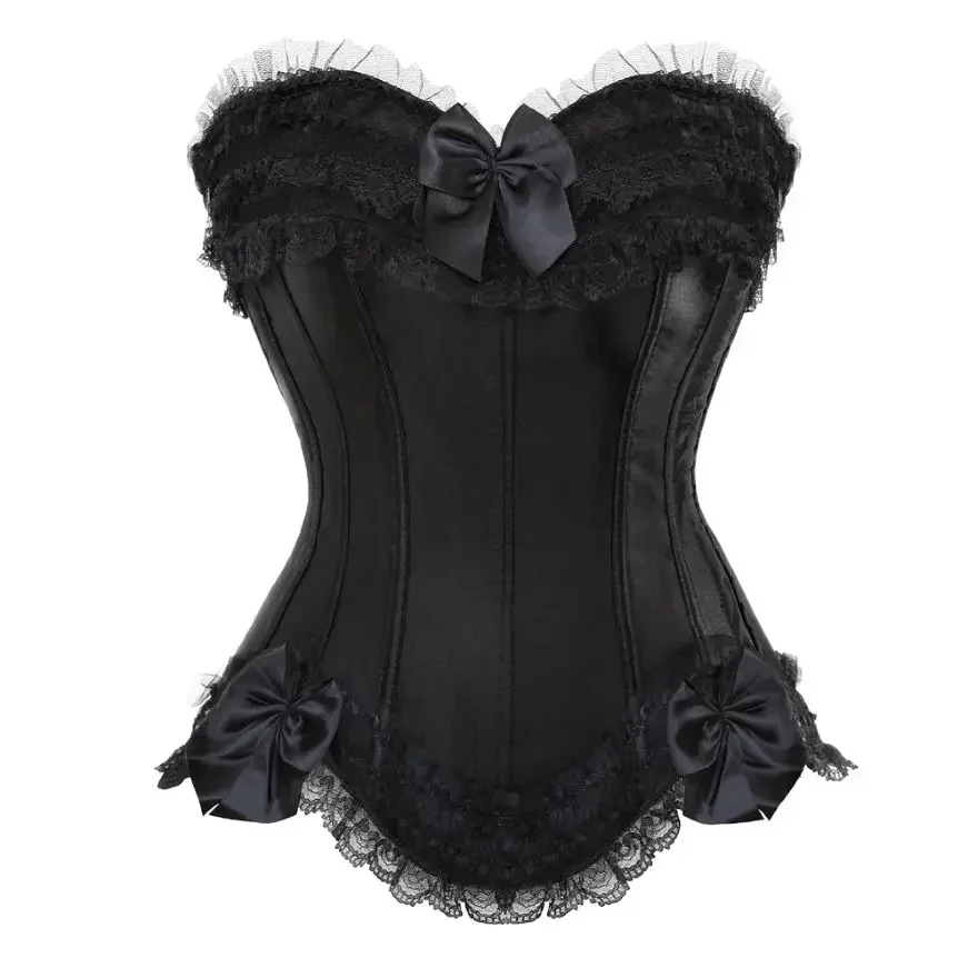 Overbust Corset Women Sexy Satin Lace up Lingerie Basques Corselet Waist Bustier Top