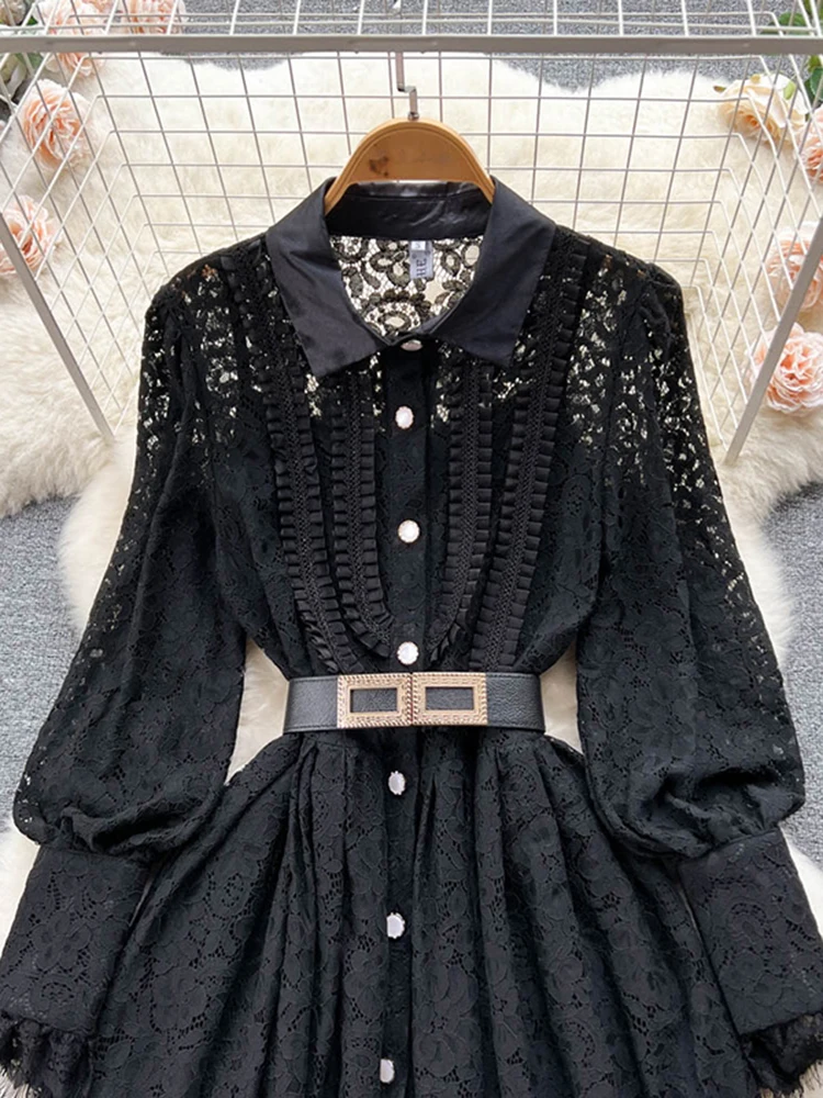 فستان الدانتيل للنساء أنيق الخصر طويلة الأكمام