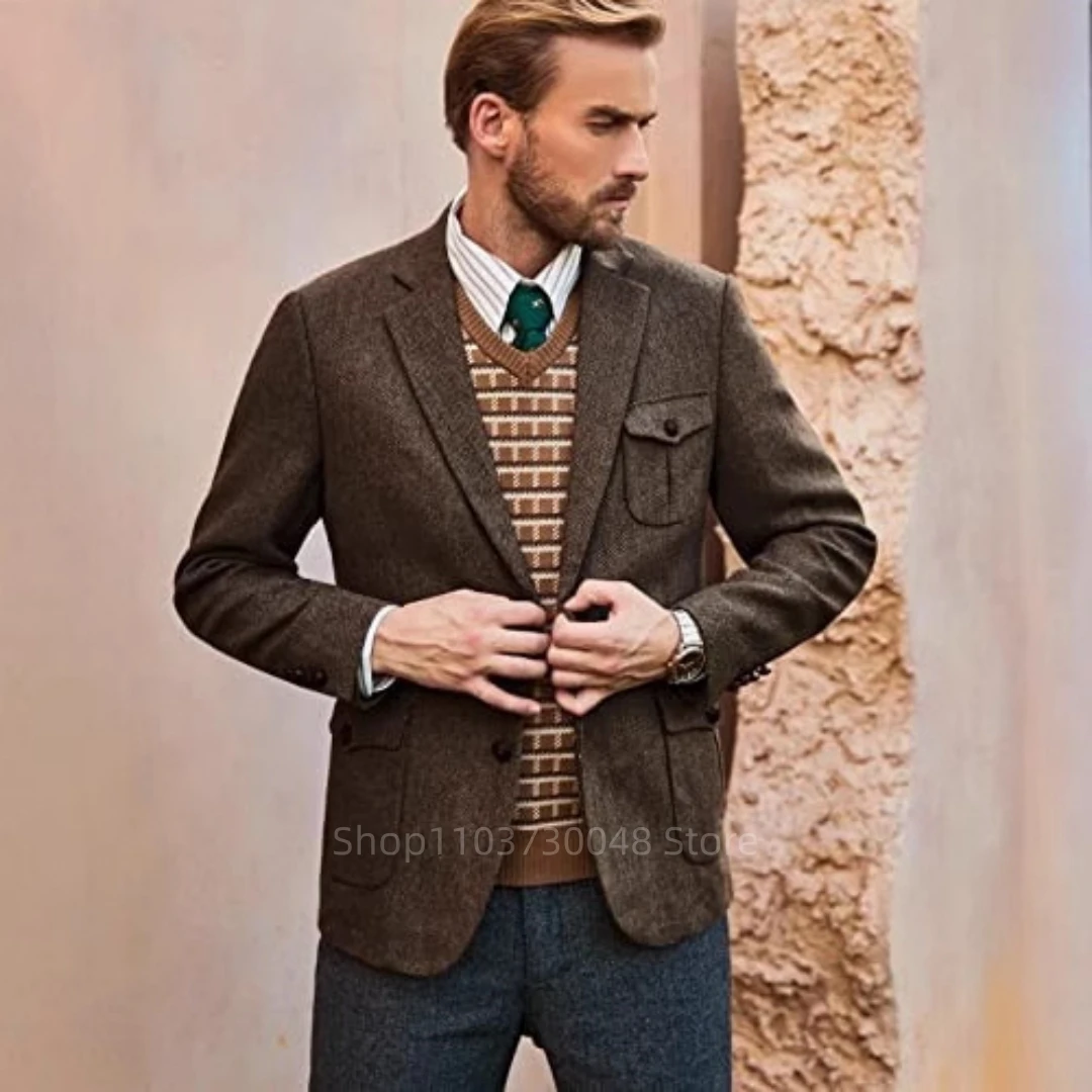 Fashion Brown Herringbone Business Suit Jacket Fashion Man Blazer For Party Prom Tuxedos Plus Size Business Suit Jackets Outwear