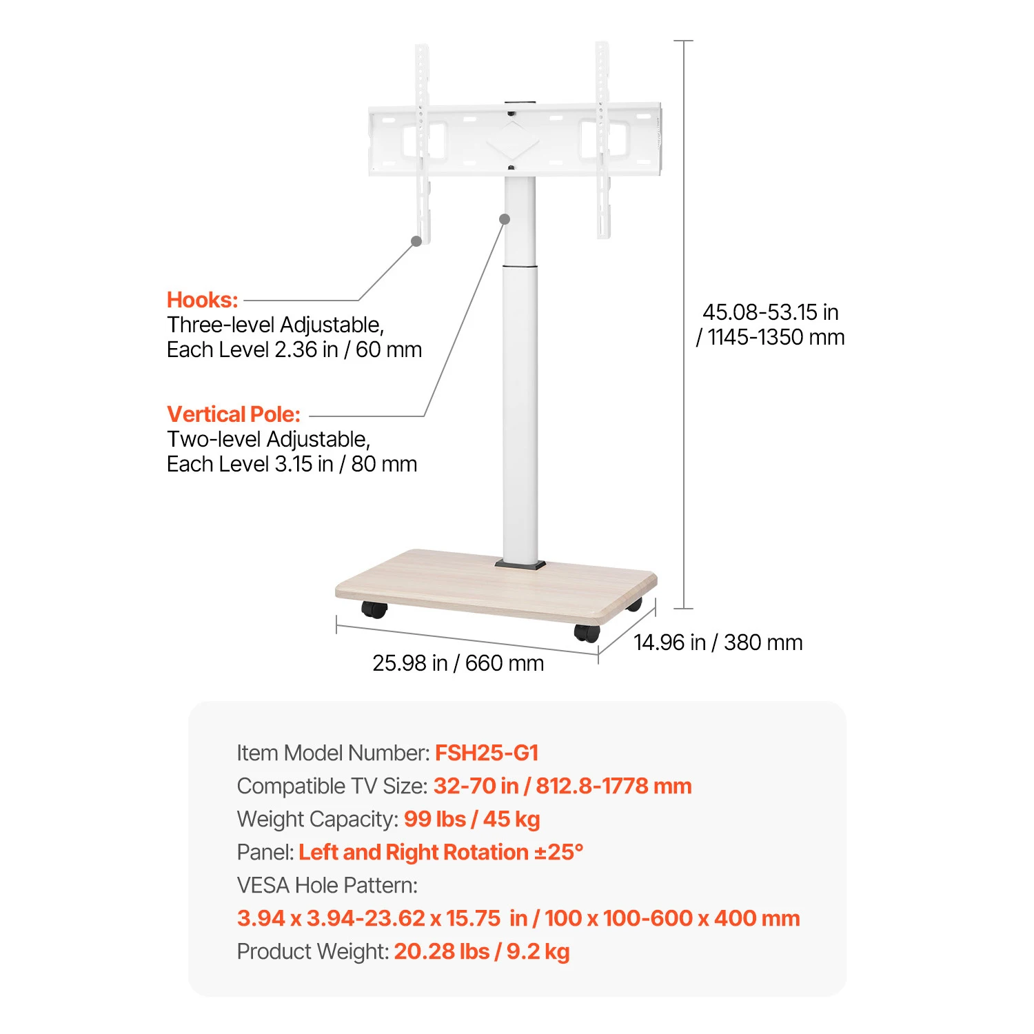 SucceBuy Rollbarer TV-Ständer, mobiler TV-Wagen, Anzug für verschiedene Größen, tragbarer TV-Ständer mit Rollen für Wohnzimmer, Schlafzimmer, Büro