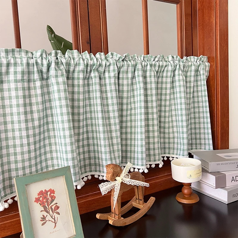 וילון חלון בדיקת גינגאם פלאיד עם מוט ולנס כיס חצי שקוף למטבח, חדר אמבטיה, סלון ועיצוב הבית