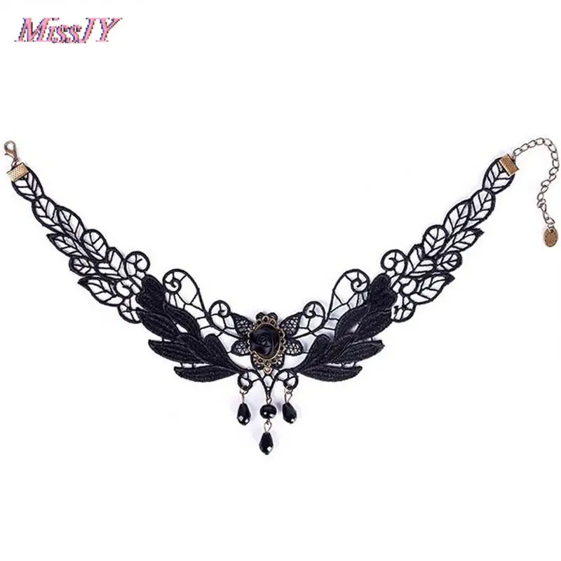 Chocker Jewelry Gem Decoration Women Gothic Punk Style Black Lace Beads Choker Collar Necklace