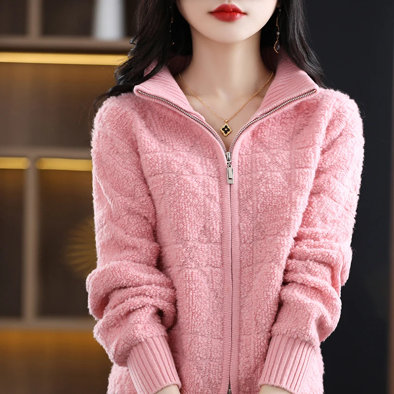 

Fashion Knitting Grain Cashmere Sweater Women's Stand-up Neck Zipper Cardigan Casual Loose Lazy Coat Jacket Autumn and Winter