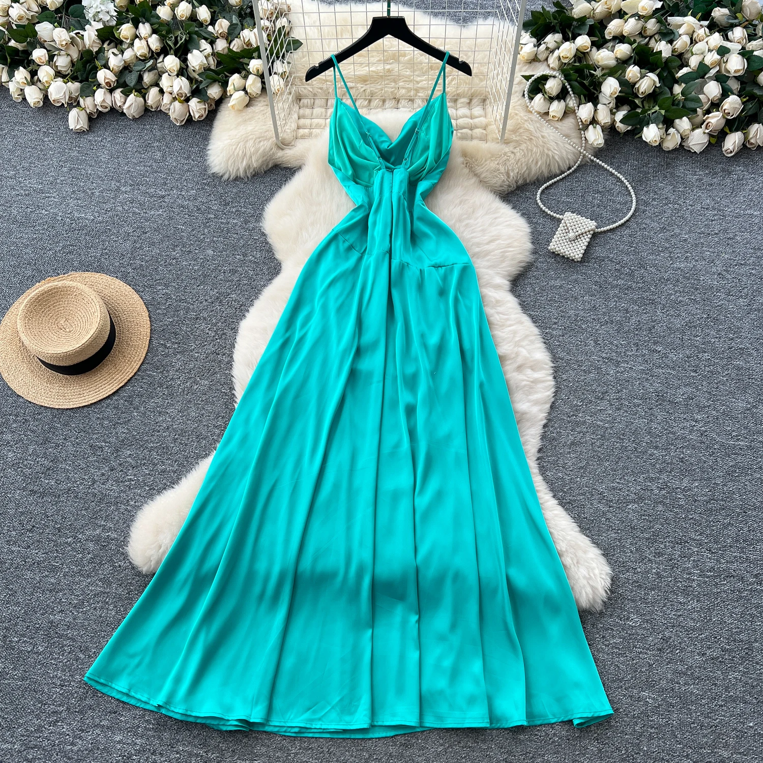 Sexy sleeveless satin swinging collar A-line Chic Vintage korean fashion  Evening Long dress Women Beach dresses women clothing - AliExpress 200000345