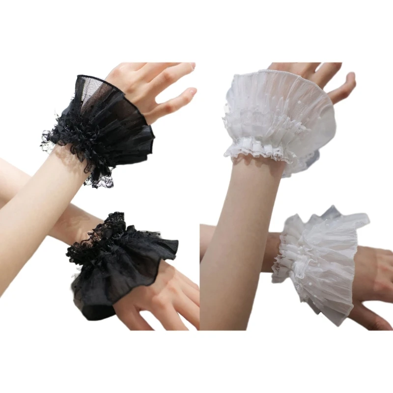 

Women Wrist Cuffs Dress Up Removable Lace Ruffled Wedding Supply Bride Dress False Sleeves Tulle Flared Sleeves