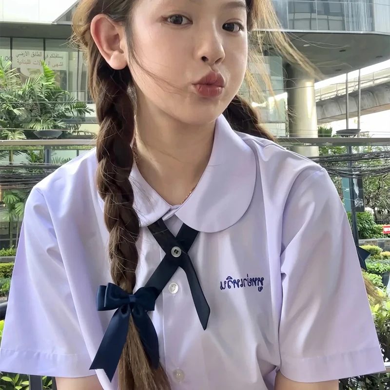 Men/Women JK Uniform Thai Style School Uniforms Short Sleeve White/Light Purple Shirt Preppy Style Pleated Skirt w/bow Tie