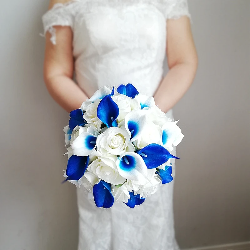 Royal Blue Calla Lilies with Ivory Rose Round Bridal Bouquet Wedding flowers Bridesmaid Bouquet