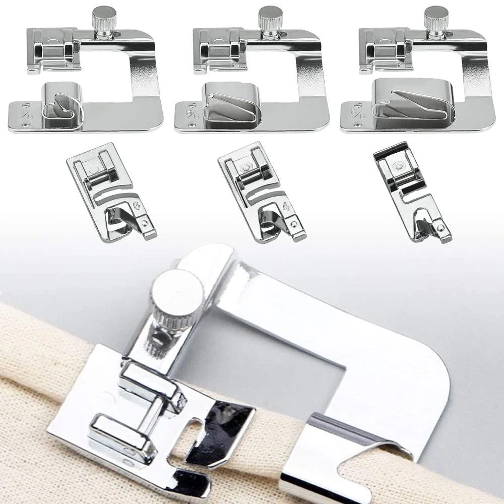 

6PCS Sewing Machine Presser Foot Kit 3 Sizes Narrow Rolled Hem Foot with Adjustable Wide Hemmer Press Foot Household Sewing Foot