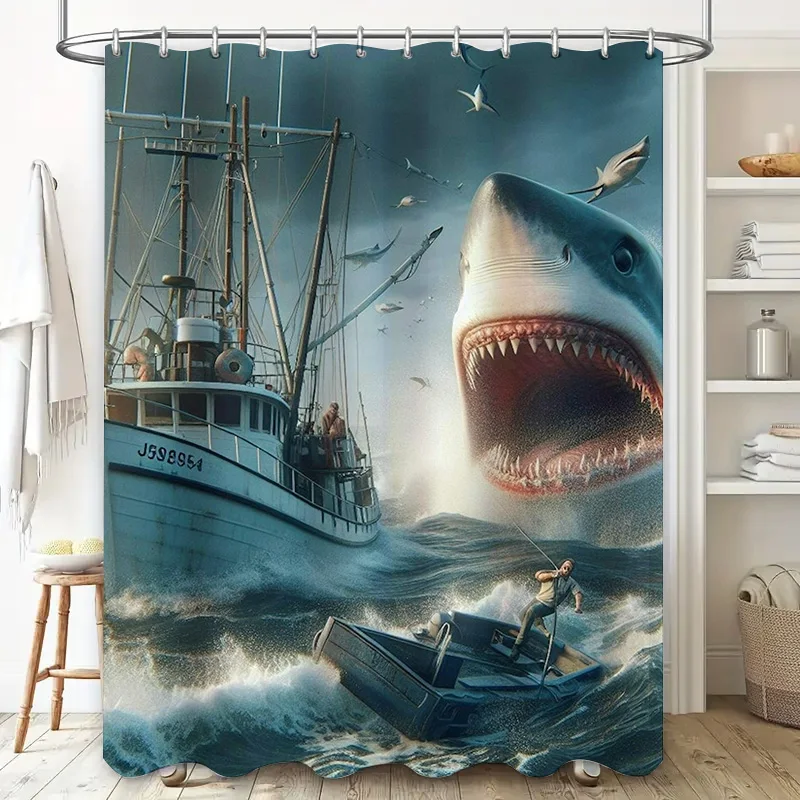Modern Artistic Dramatic Shark Attack Waterproof Shower Curtain for Stylish Bathroom Decor, Easy Install 5