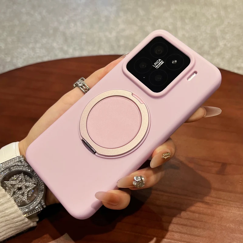 Luxury Liquid Silicone Phone Case with Metal Ring Stand and Shockproof Protection