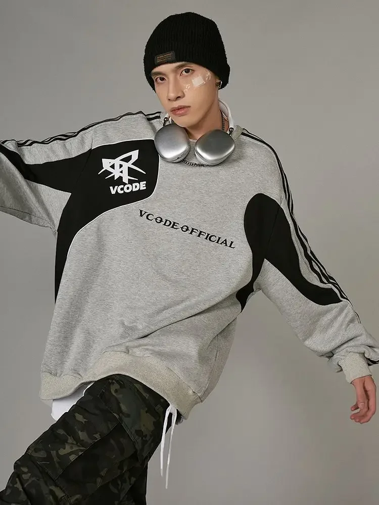 Patchwork Sweatshirt Men's American Streetwear Loose Simple Round Neck Pullover Korean Fashion Casual Coat Long Sleeve Tops New