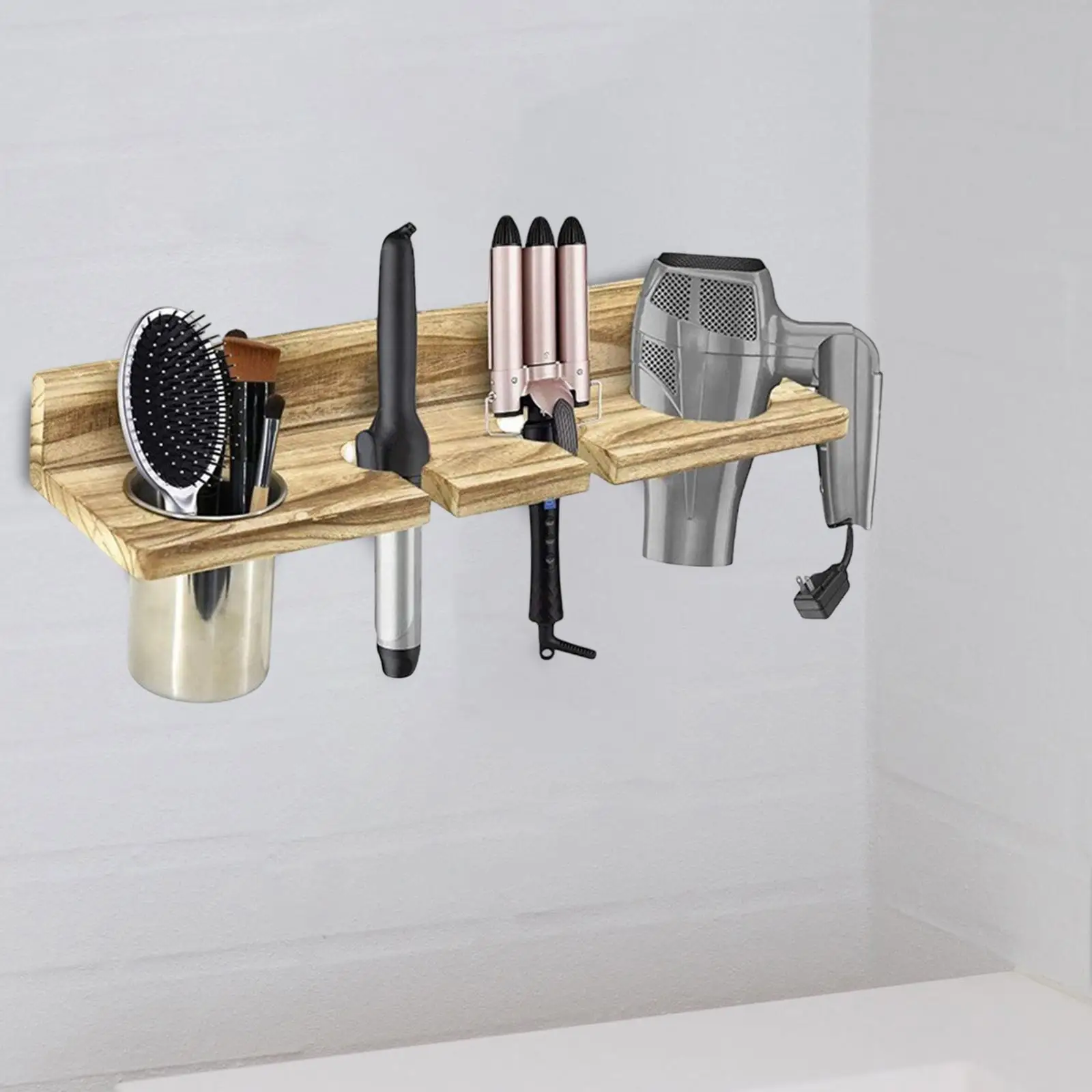 Hair Blow Dryer Holder Storage Stand No Drill Wood Wall Mount Hair Tool Organizer Blow Dryer Hanger for Curling Iron Dresser 4