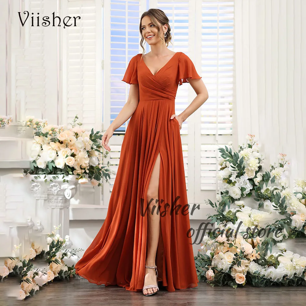 

Viisher Orange Chiffon Bridesmaid Dresses for Women Short Sleeve with Slit Pockets Bridesmaid Dress Floor Length Back Lace Up