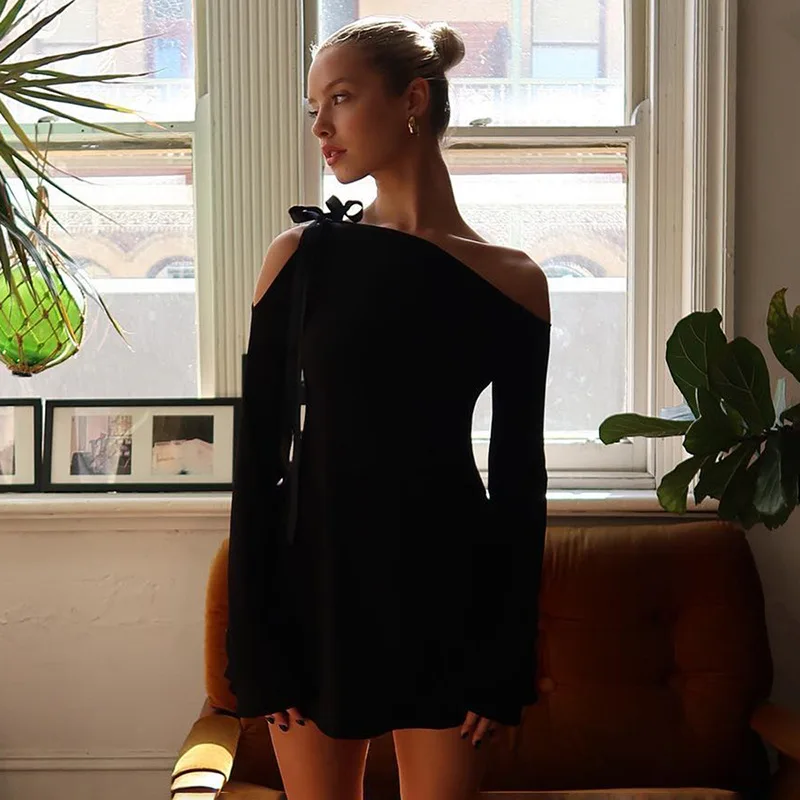 Off-Shoulder Ruffled Bandage Mini Dress For Women Fashion Long Sleeve Patchwork Lace-Up Elegant Dress Female Solid Dress