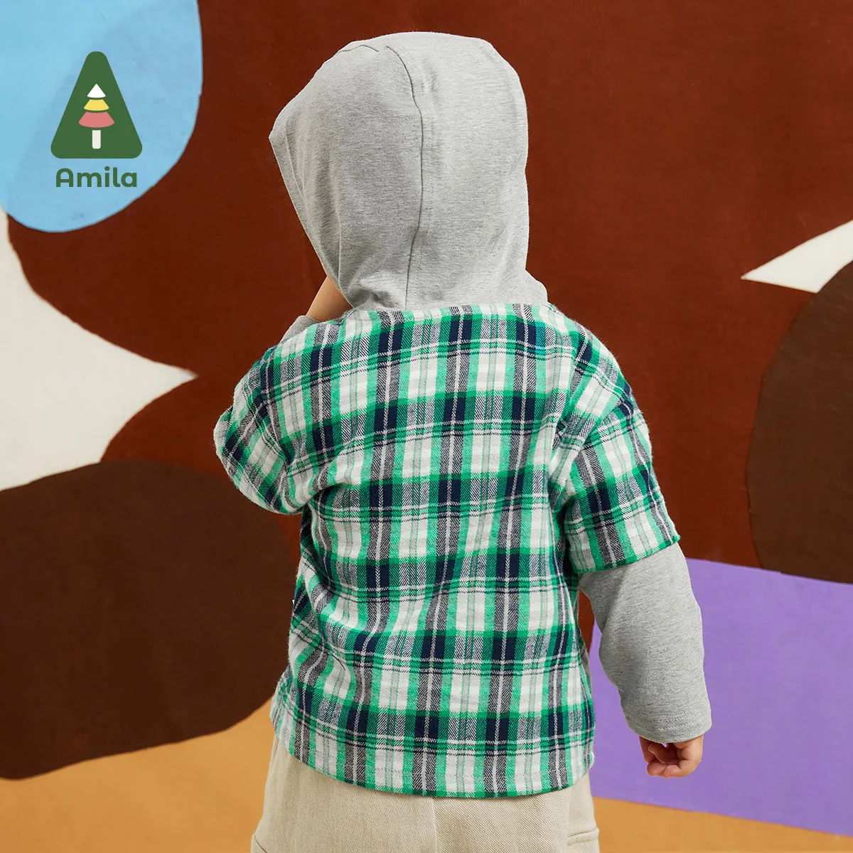 Amila Baby Boys Autumn New Fake Two Lrregular Pocket Design Theme Printing Frosted Plaid Shirt Warm Fashion Sleeve Children