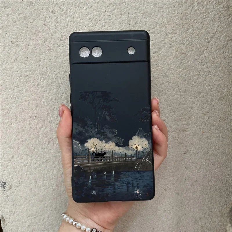 Japanese Aesthetic Black Cat Landscape Soft Silicone Phone Case